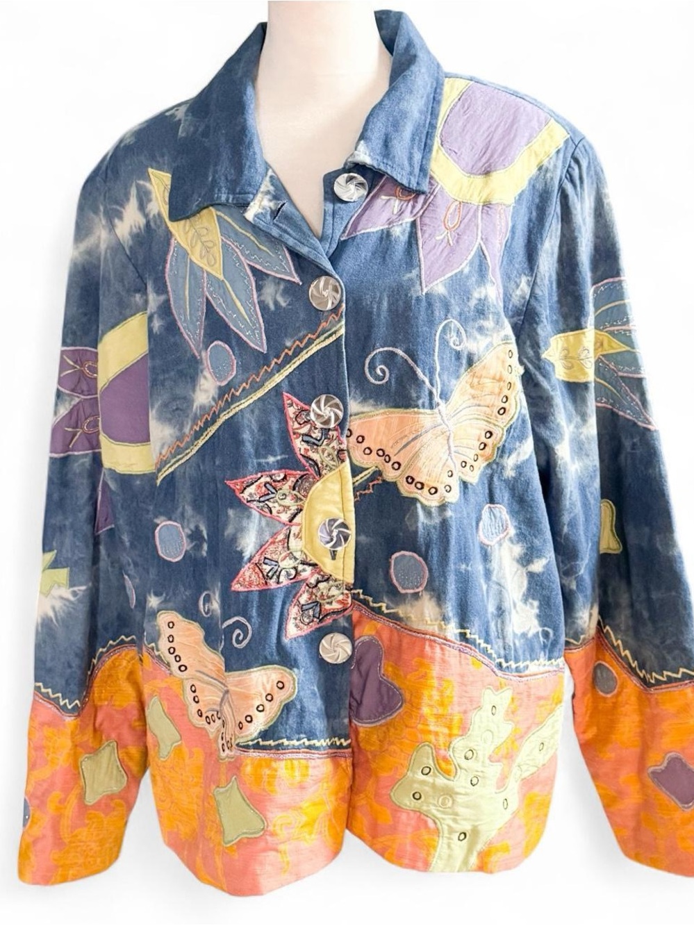 Vintage Indigo Moon Tie-Dye Butterfly Applique Jacket Sz XL